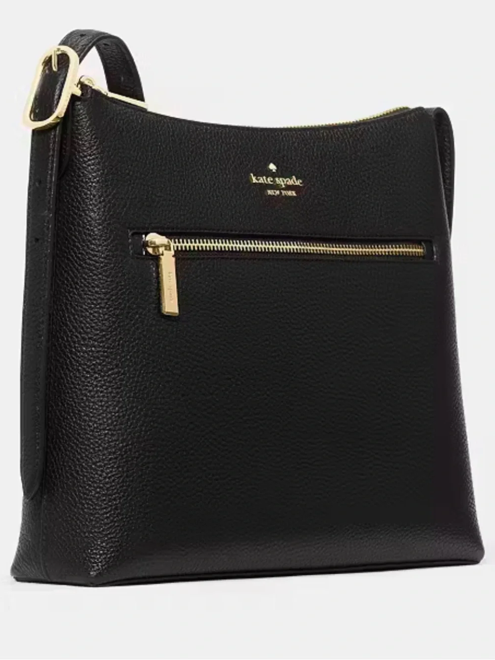 New Kate Spade Black Pebbled Leather Swing back Crossbody with front Zip Pocket